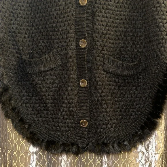 Fabulous Black Chunky Knit Hooded Poncho Sweater with Fur Trim & Button Closure - Picture 5 of 10